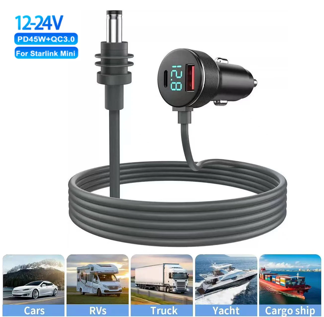 für Starlink Mini 3-in-1 Autoladegerät und DC-Stromkabel mit Zigarettenanzünderadapter, 12V-24V Digitalanzeige Autoadapter Image