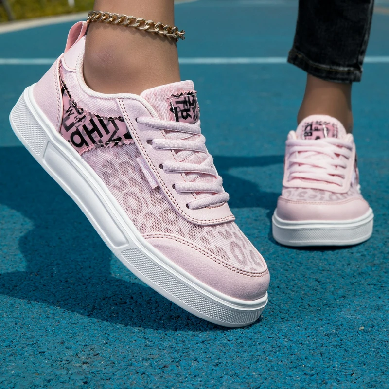 Damen-Sneaker mit rosa Leopardenmuster, atmungsaktives Mesh-Plateau, Freizeitschuhe, rutschfeste Wanderschuhe