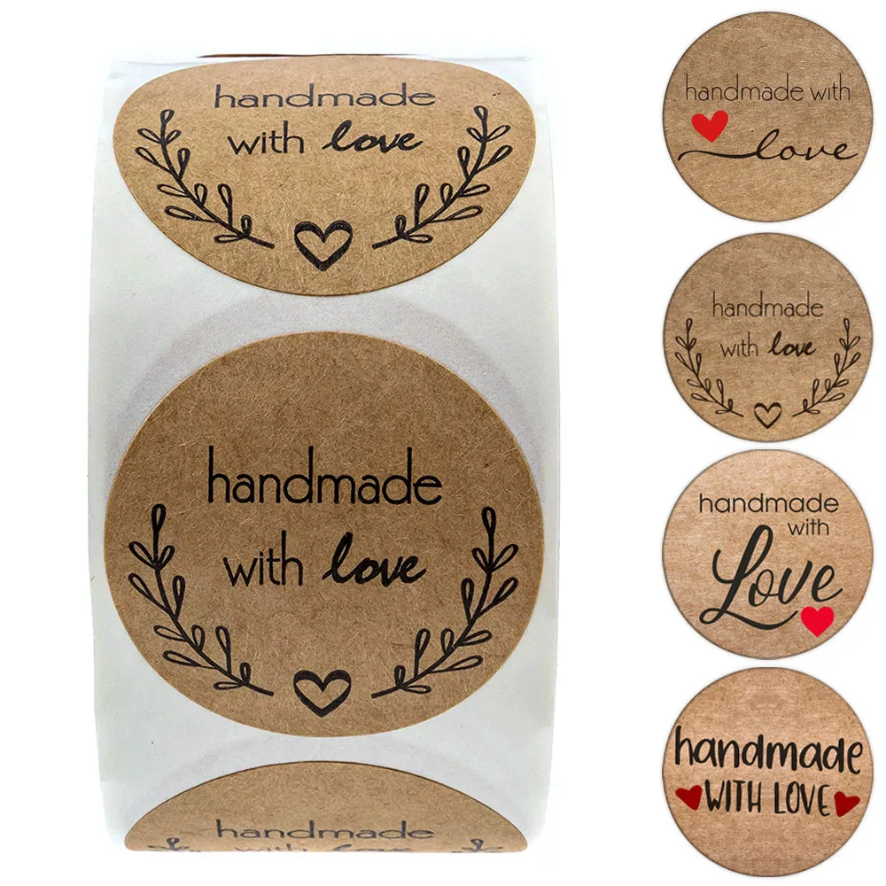 100–500 Stück 2,5 cm große Vintage-Kraftpapier-Aufkleber „Handmade With Love“ für Verpackungen, Dankeschön-Briefpapier, selbstklebende Etiketten, Backsiegel