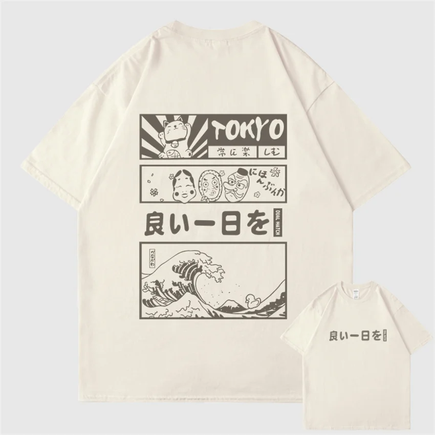Männer Hip Hop Streetwear T-Shirt Japanischen Kanji Cartoon Große Welle Tokyo T Hemd Harajuku Baumwolle Kurzarm T-shirt Sommer