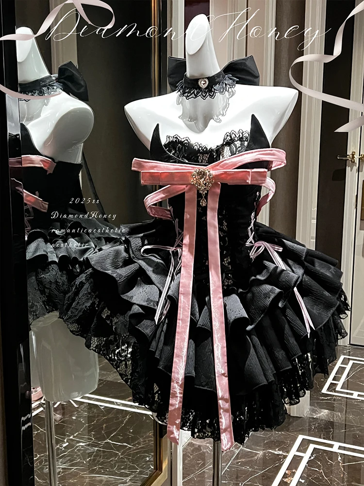 DH Original Design Süße Mädchen Große Rosa Fliege Nette Kleid Schlank Sexy Prinzessin Geburtstag Party Mini Schwarz Ballkleid Kleid Vestido