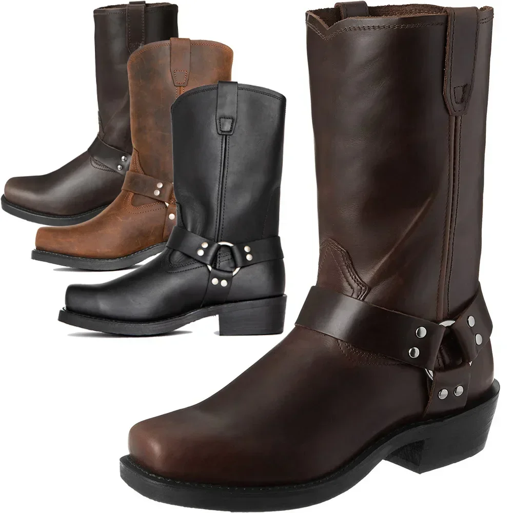 Retro Cowboy-Stiefel für Herren, mittelhohe Westernstiefel, Herrenstiefel aus PU-Leder, Slip-On-Schuhe, Winter-Ritterstiefel, Stiefeletten, Übergrößen 39-48