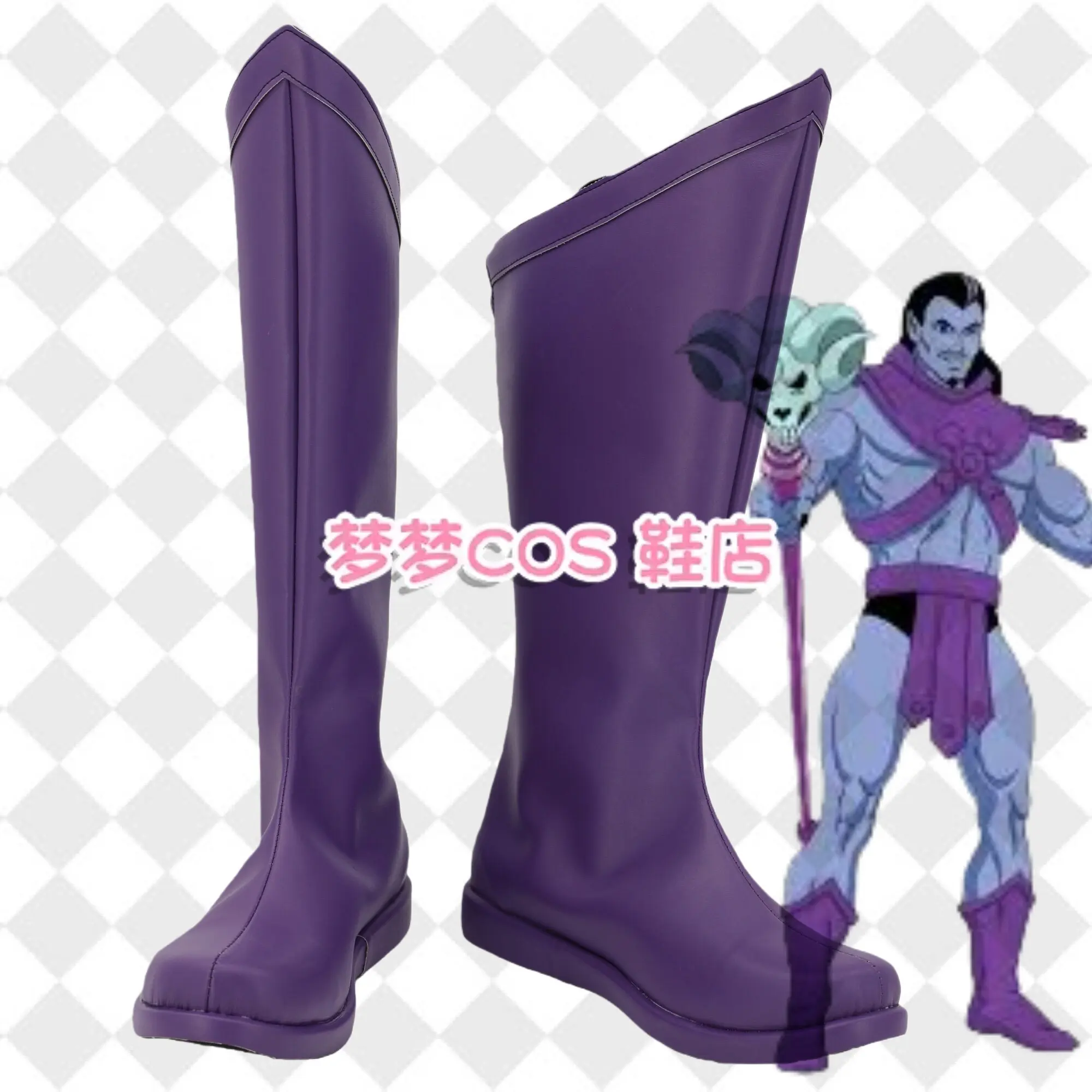 Anime He-Man & T.M.O.T.U Skeletor Cosplay Schuhe Lila lange Stiefel aus PU-Leder mit flacher Sohle für Halloween-Karneval