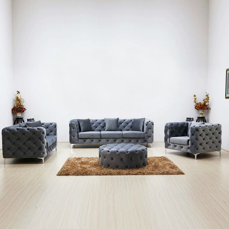# Luxus-Wohnmöbel Gepolstertes 3-2-1-Sitzer Chesterfield Sofa-Set Graues Samt-Sofa und Couch-Set