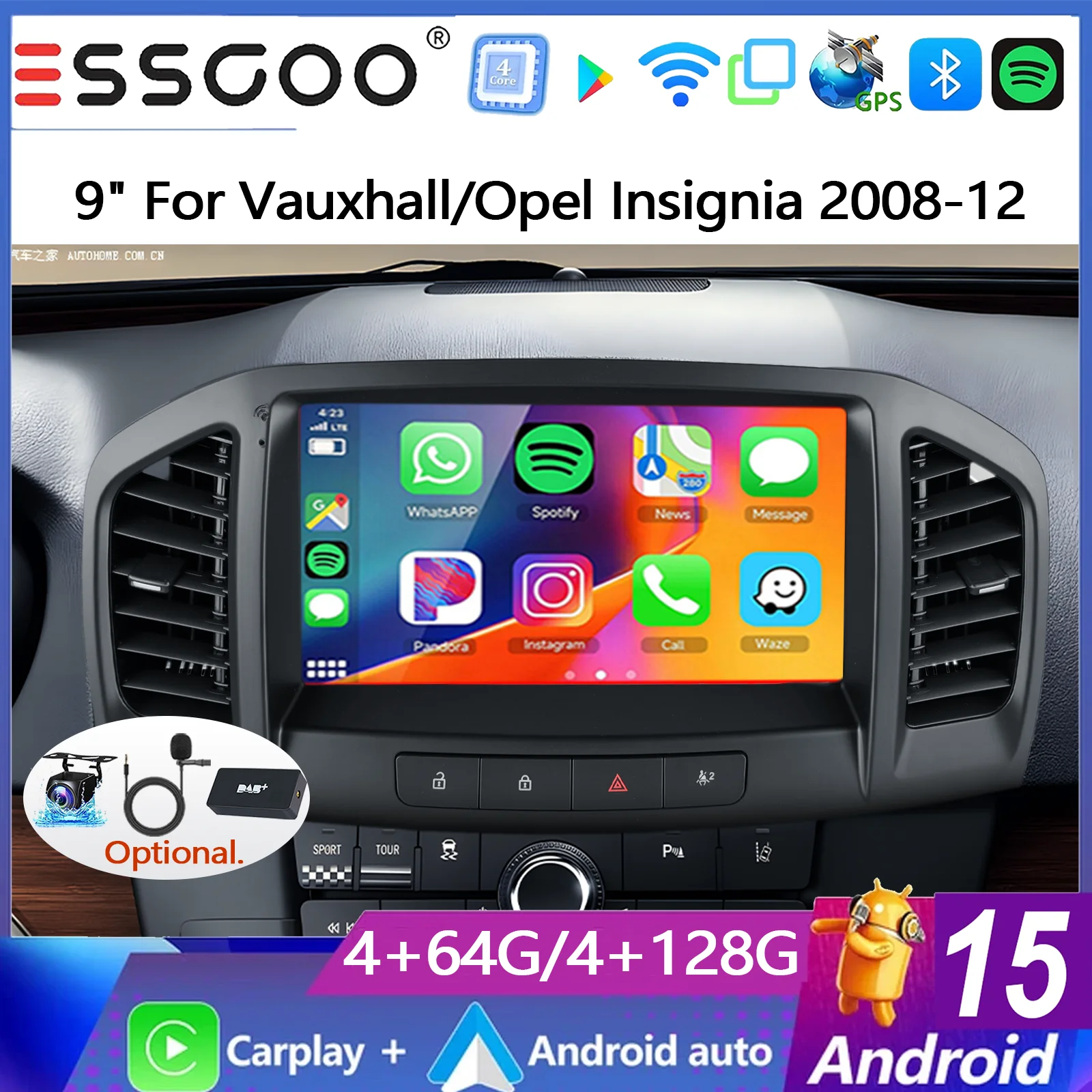 ESSGOO 9 Zoll 4+64G/4+128G Android 15 Autoradio für Opel Insignia 2008-2012 Buick Regal 2009-2013 mit kabellosem Carplay, Android Auto, GPS-Navigation, Bluetooth, FM, SWC, Wifi, RDS, ASP, EQ, IPS Image