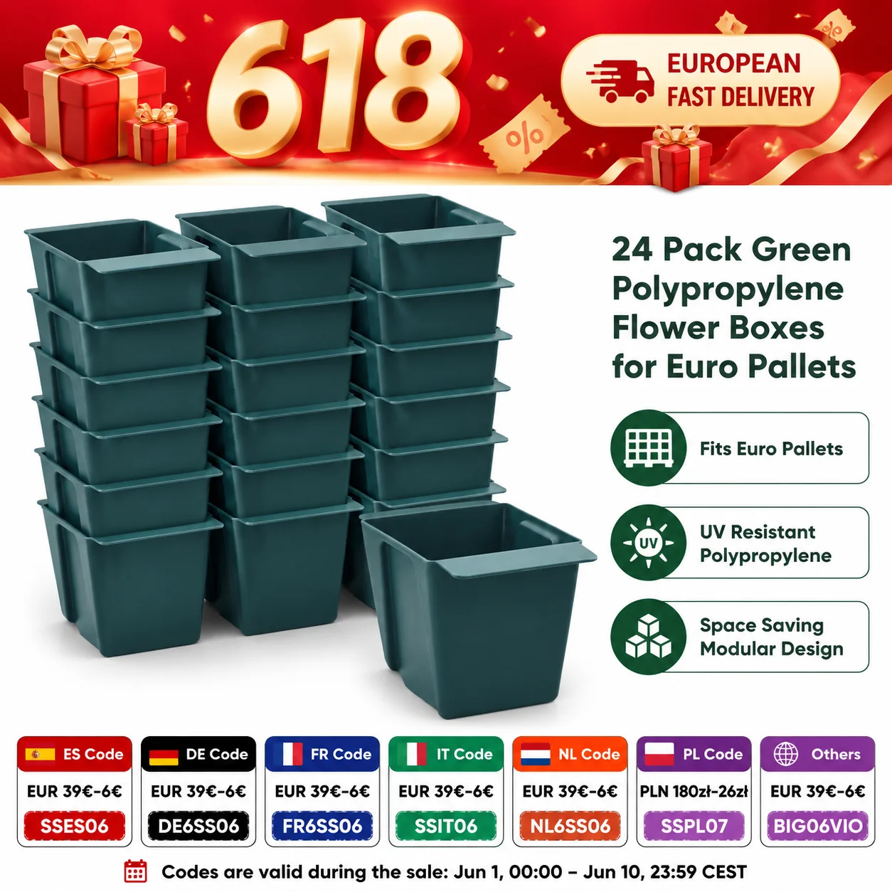 Blumenkästen für Europaletten, 24er-Pack, Grün, 13,5 x 9 x 9,5 cm, Polypropylen-Pflanzkästen für den vertikalen Garten im Innen- und Außenbereich, Balkon, Terrasse, Fensterbank, UV-beständig Image