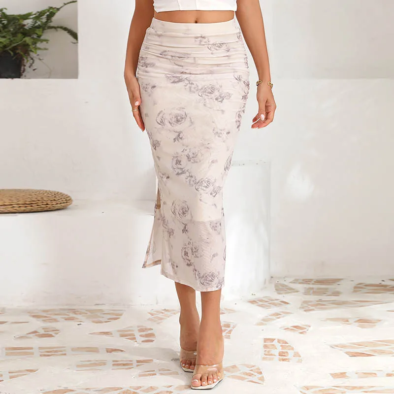 Damen-Midirock mit sexy Mesh-Print, seitlichem Schlitz und hoher Taille – eleganter Fall und Fließendheit, reif und vielseitig – perfekt Image