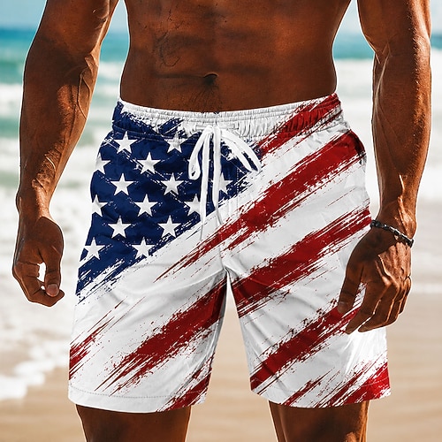 4. Juli 2026 250. Herren Amerikanische Flagge Badehosen Badeanzüge Badeshorts Boardshorts Mittlere Taille Patriotisch Täglich Outdoor Festival Seitentaschen Netzfutter Elastischer Kordelzug in der Image