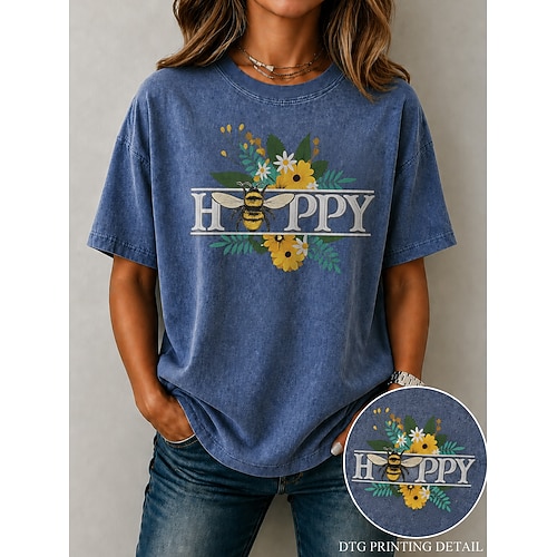 Damen 100% Baumwolle T Shirt Vintage-gewaschene Tops Druck Blumen Grafik Bienen Vintage Mode Stilvoll Kurzarm Rundhalsausschnitt Normale Oberteile Lässig Täglich Blau Sommer Frühling Image