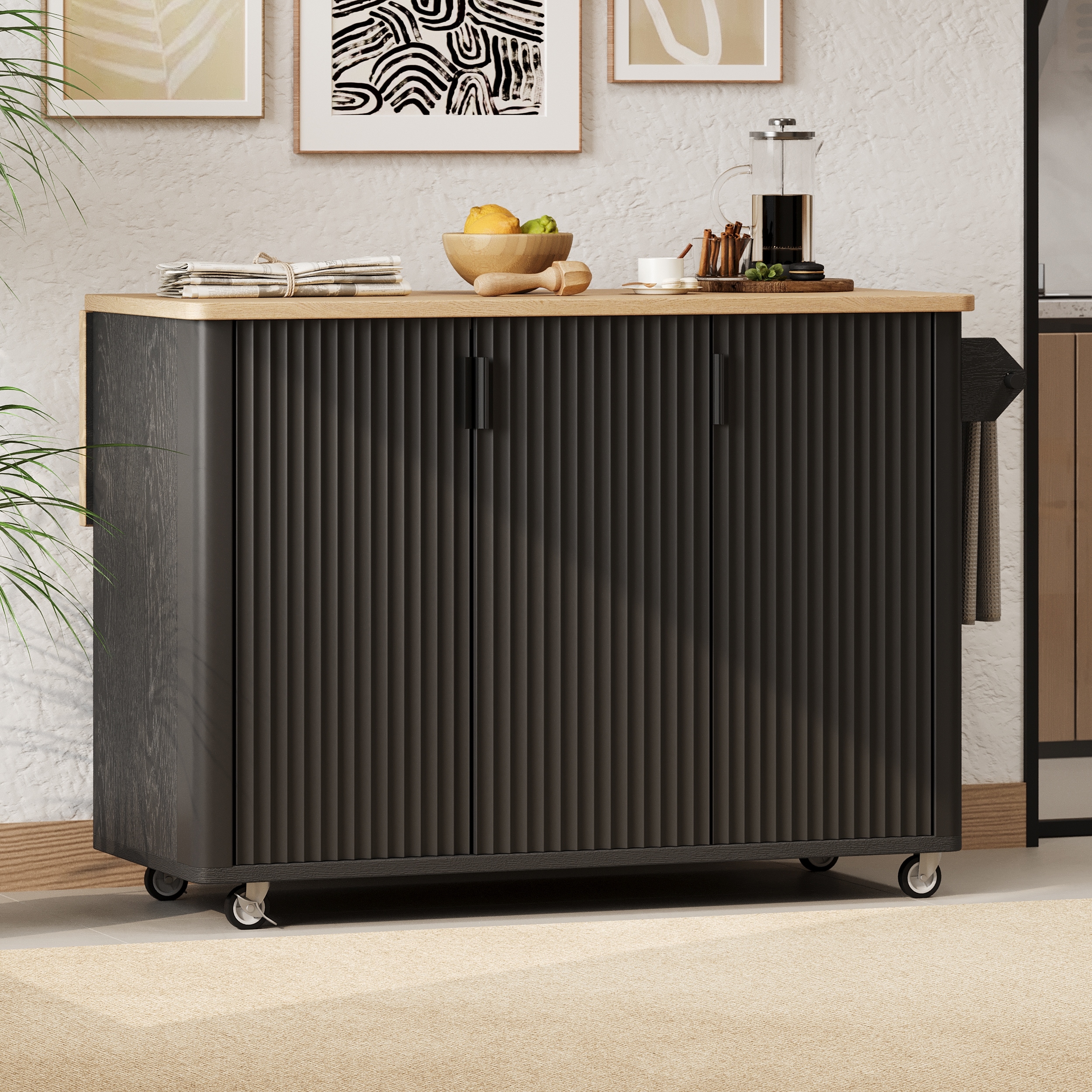 51" Fluted Kitchen Island with Drop Leaf, Farmhouse Accent Kitchen Island on Wheels, Rolling Kitchen Cart with Towel Rack