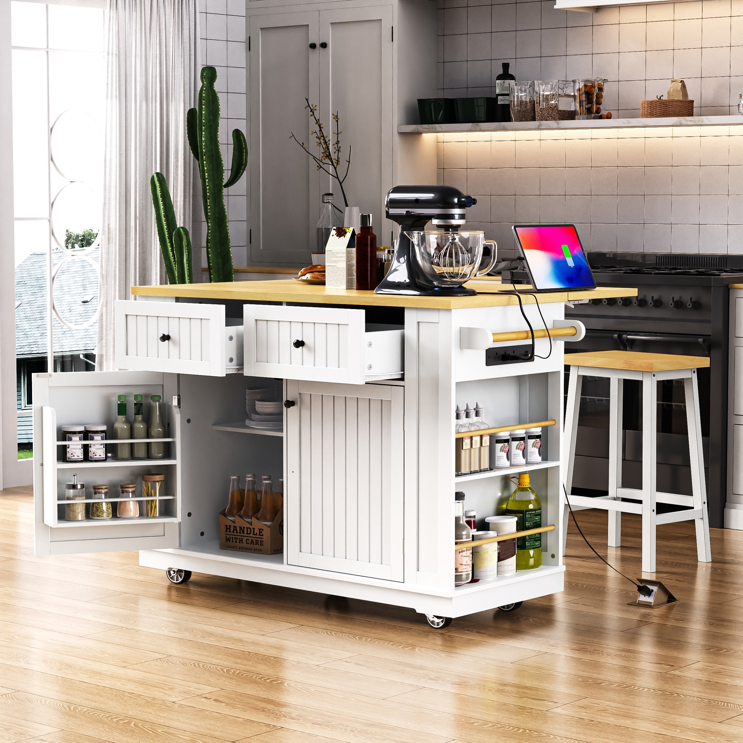 48" Kitchen Island with Drop Leaf and Power Outlet, Rolling Kitchen Storage Cart with 5 Wheels and 5 Open Side Racks for Kitchen
