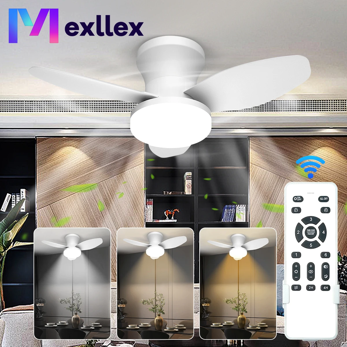 Mexllex Dreiblatt-Deckenventilator mit Licht und Fernbedienung, 6-Gang, umkehrbar, geräuschlos, dimmbarer LED-Kronleuchter für Schlafzimmer Image