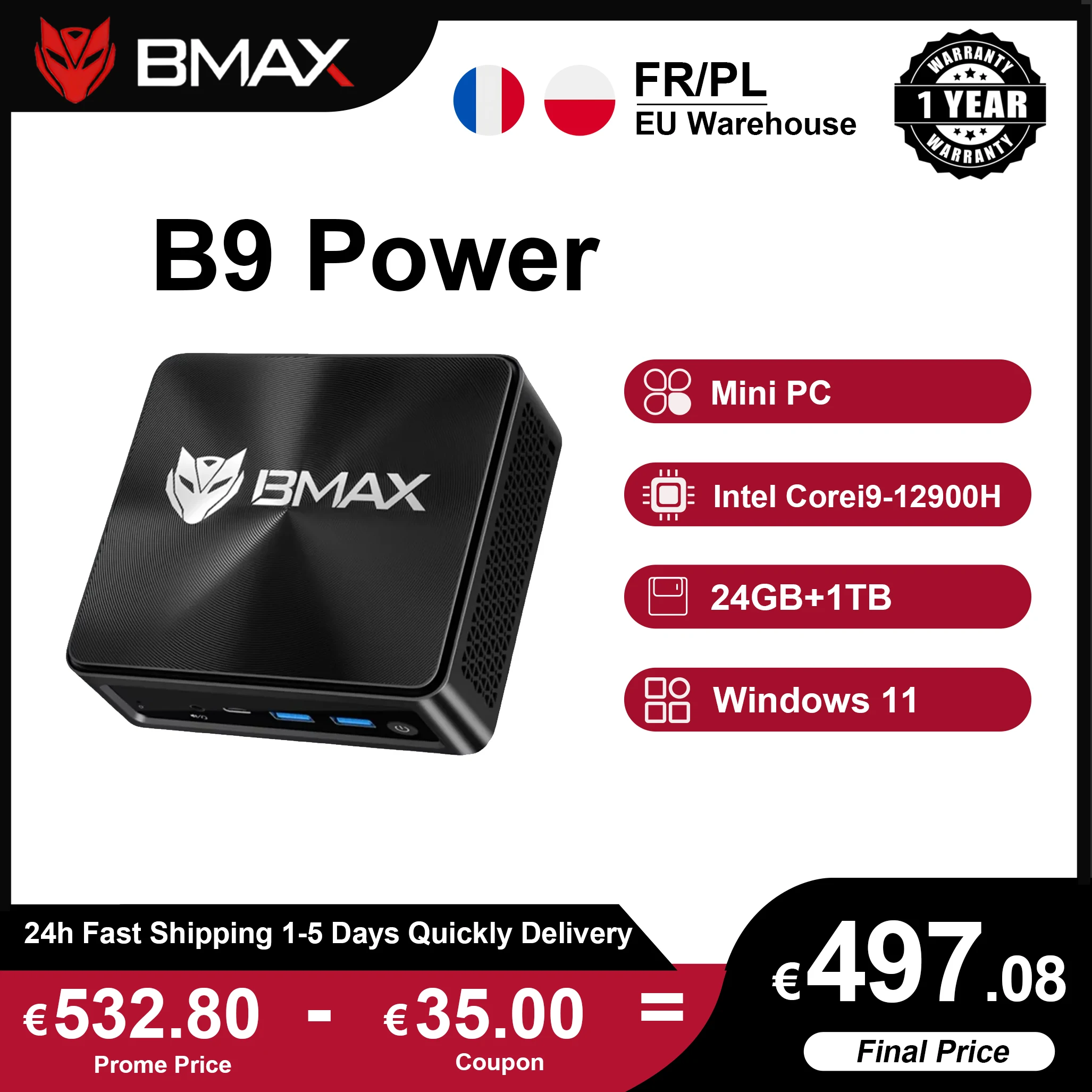 BMAX B9 Power Neuer Mini-PC Intel 12. Gen Core i9-12900H Intel Iris Xe Grafik 24GB DDR4 RAM 1TB ROM Windows 11 WIFI 6 für das Büro Image