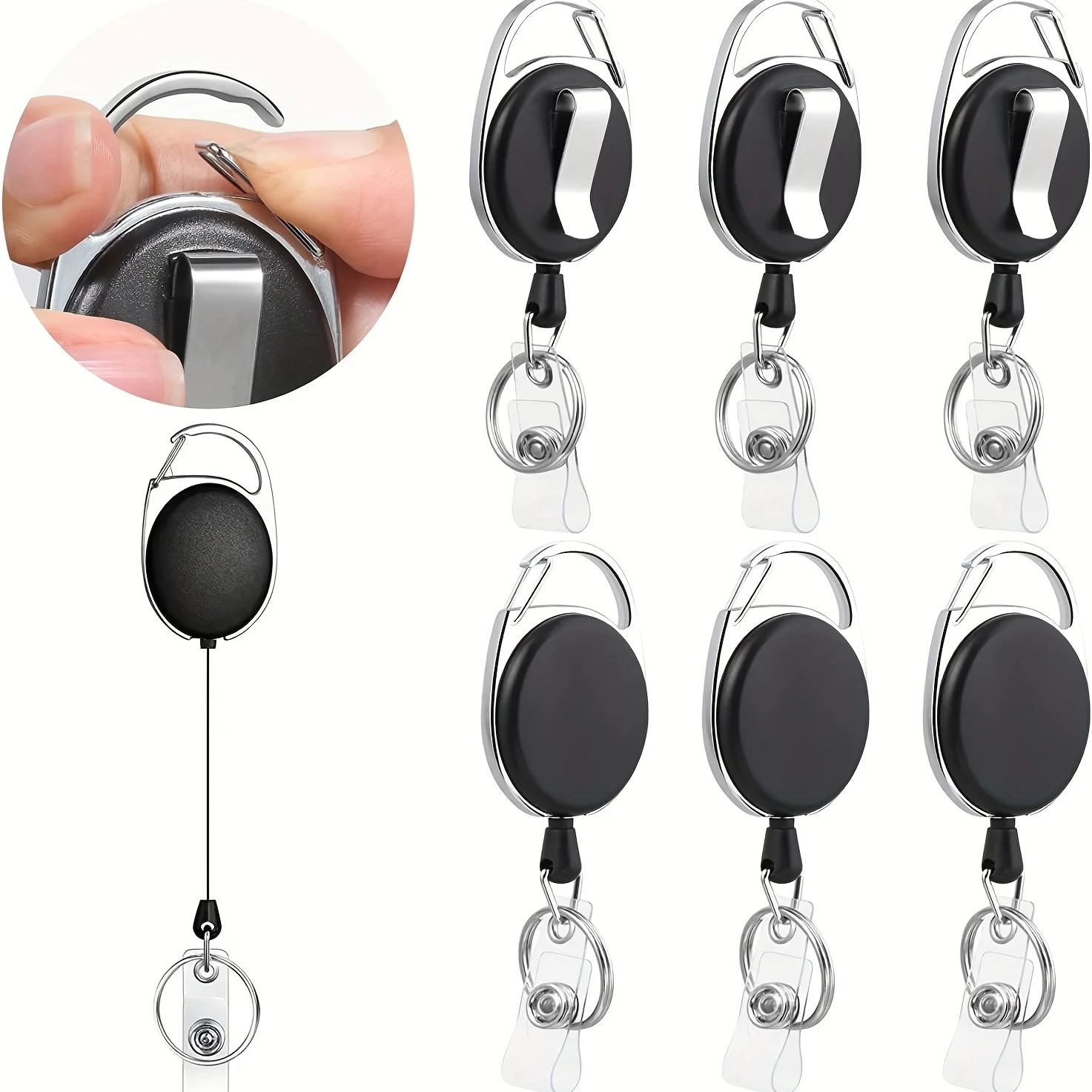 3 hochwertige ausziehbare Ausweishalter mit 360° ° Rotationsgürtel-/Karabinerhaken-Clip, Schlüsselanhängerring, Druckknopf und PVC-ID-Gurt Image