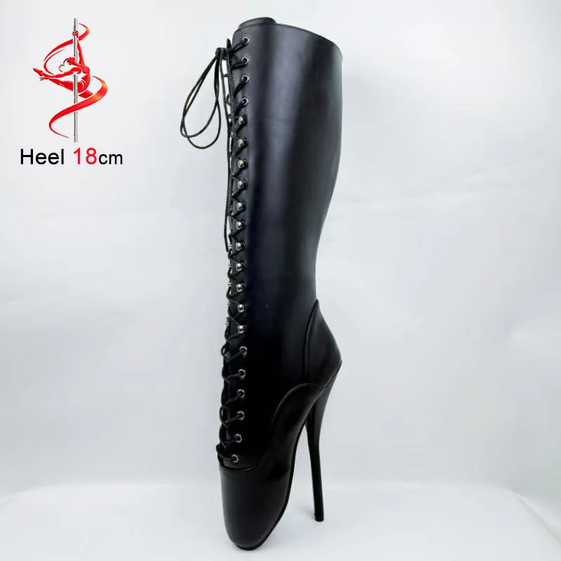 Ballett-Stiefel bis zur Wade, 18 cm Stiletto-Absatz, vorne mit Schnürung, matt-schwarz, Sklavenstiefel, exotische Pole-Dance-Schuhe für Damen, Botas Mujer Image