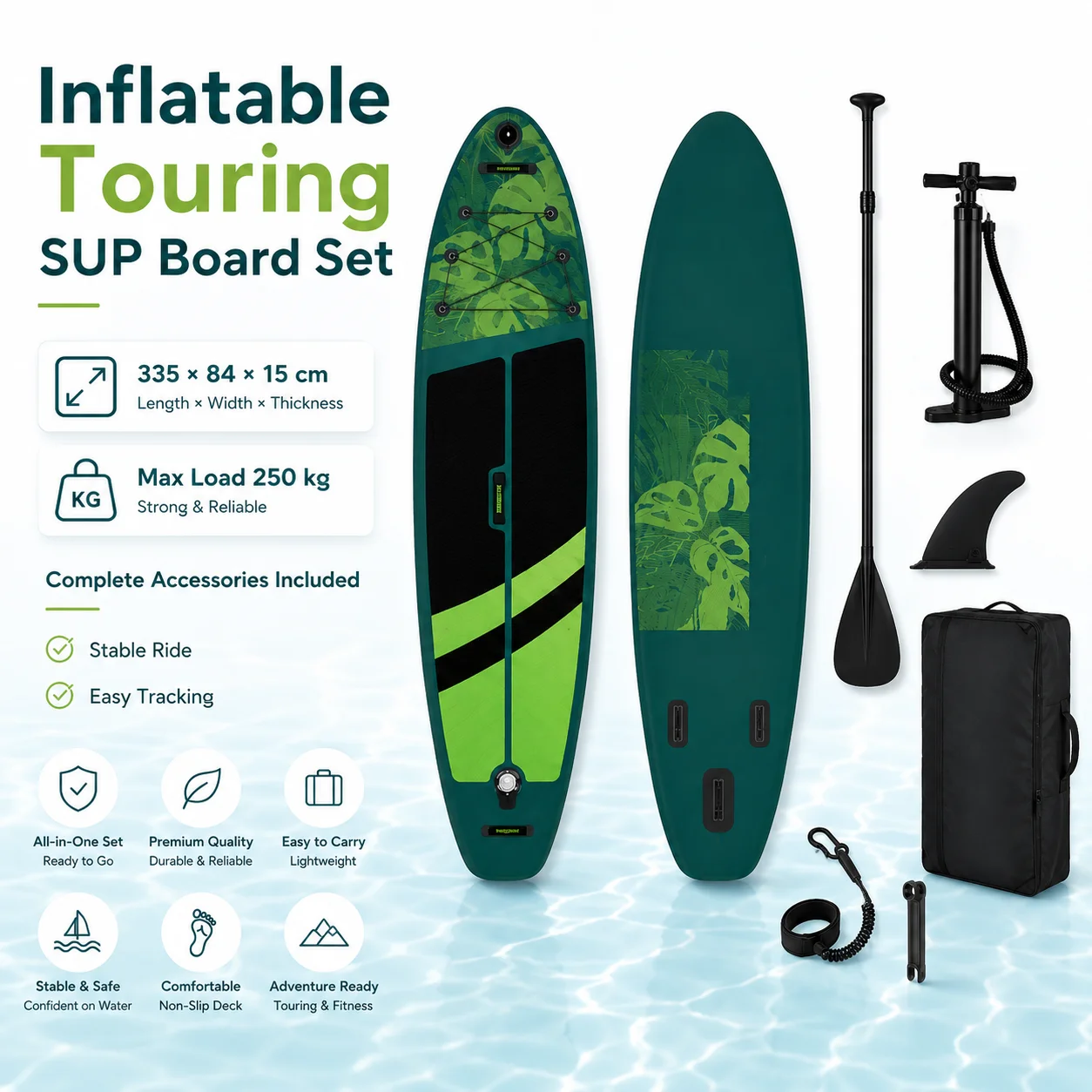 335 x 84 x 15 cm großes aufblasbares SUP-Board, ultra-stabiles Komplettset, tragbares Stand-Up-Paddle-Board für Touren, Outdoor, See, Fluss, Meer, Wassersport Image