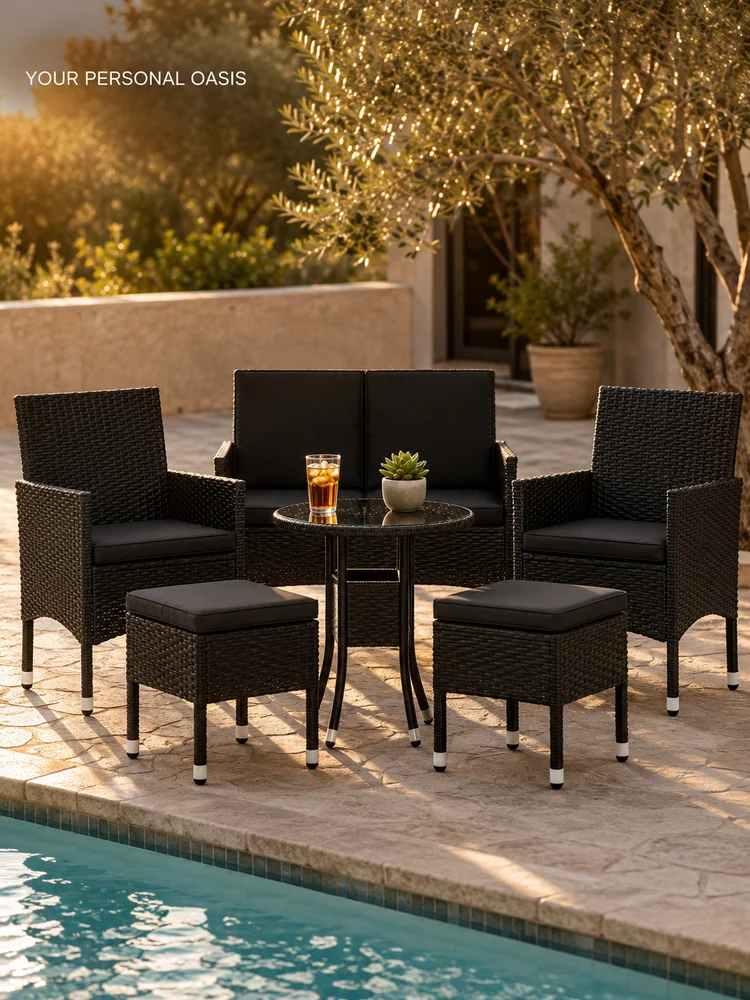5-teiliges Garten-Lounge-Set, Polyrattan, Schwarz, Gartenmöbel mit Tisch aus gehärtetem Glas und dicken Kissen, für den Poolbereich, die Terrasse, den Balkon, robustes Stahlgestell