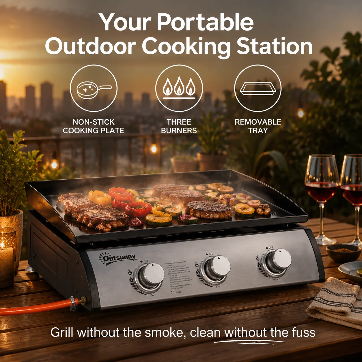 Gas-Grilltisch mit 3 Brennern 3kW, Antihaft-Kochplatte, 62x46x21 cm, Schwarz, Tragbarer Outdoor-Grill für Camping, Terrasse und Balkon Image