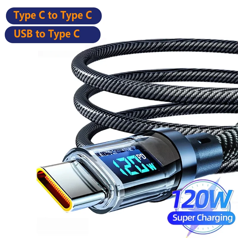 120W 100W Superschnelles Ladekabel mit Echtzeit-Digitalanzeige USB-A auf Typ-C Datenkabel für iPhone und Android-Handys 1M/2M Image