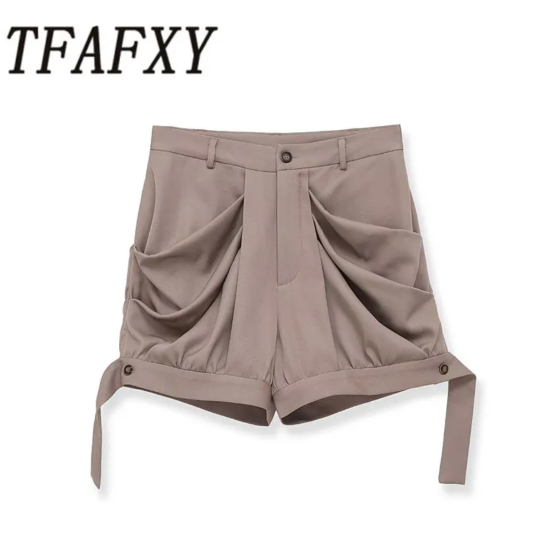 TFAFXY 2026 Sommer Vintage Chic Büro-Damen Plissierte Shorts mit Reißverschlusstaschen Modische Pendler-Shorts für Frauen Image