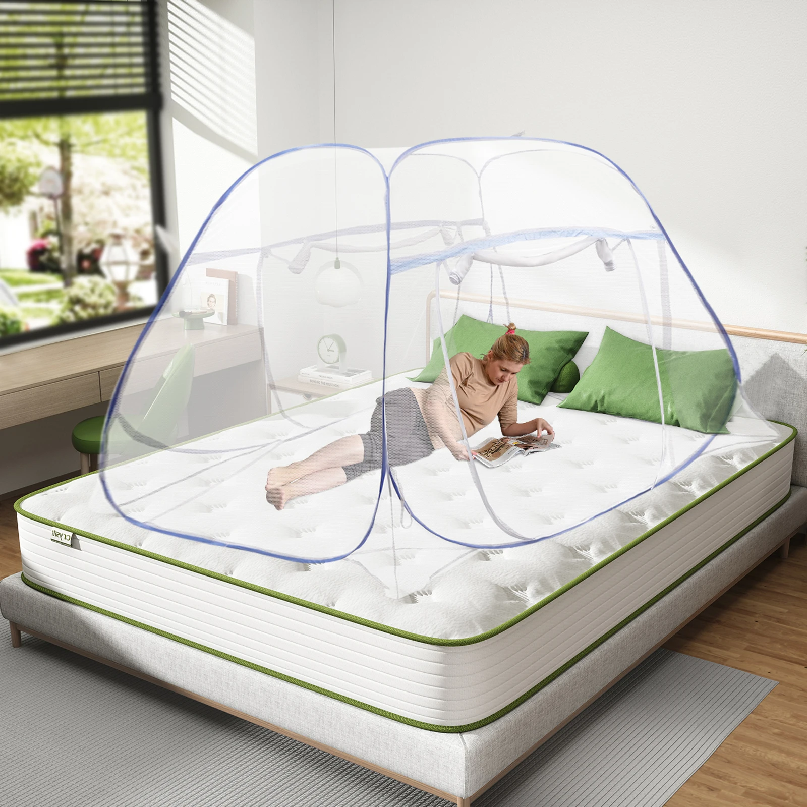 Blaues Moskitonetz, 1,8 Meter Größe, weicher, atmungsaktiver Stoff, feines, dichtes Netzgewebe für effektiven Mückenschutz, leicht und langlebig, einfach aufzubauen und zusammenzufalten, elegantes