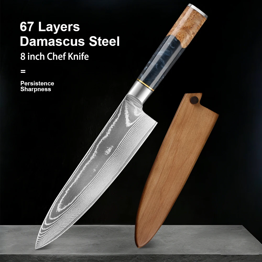 8-Zoll Profi-Küchenmesser aus 67-lagigem Damaststahl mit Harz- und farbigem Holzgriff Image
