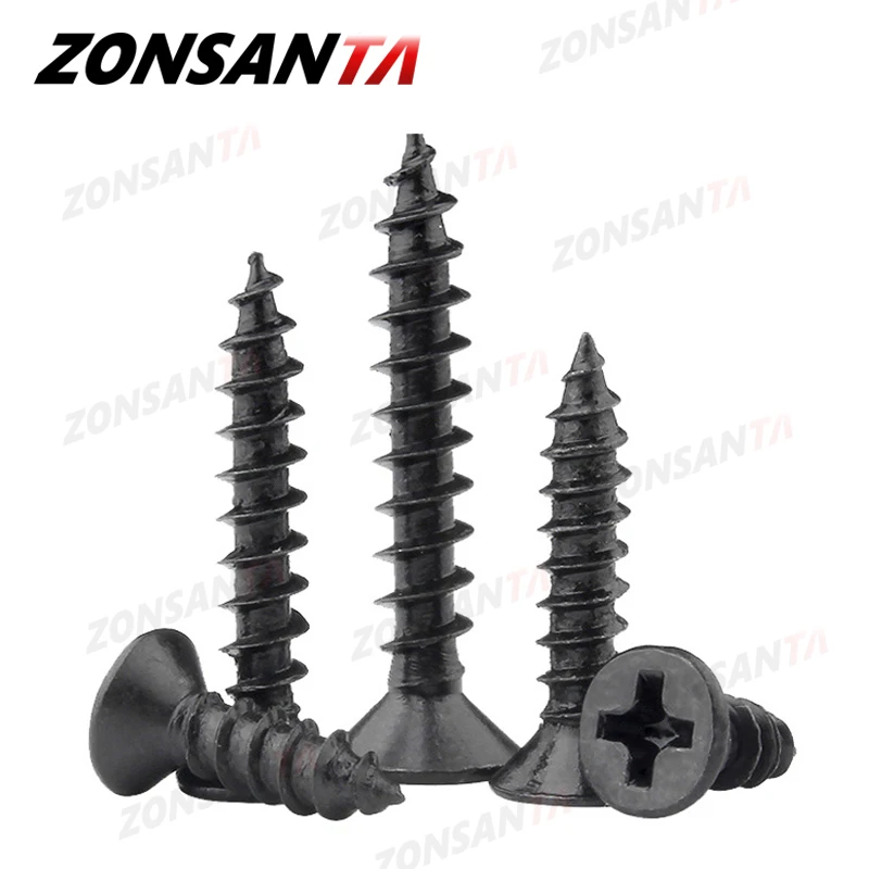 ZONSANTA 50Pcs M 1,4 M 1,7 M2 M 2,3 M 2,6 M3 M4 Carbon stahl Schwarz Kreuz einbau versenkt flachen blechschrauben Holz Schraube Image