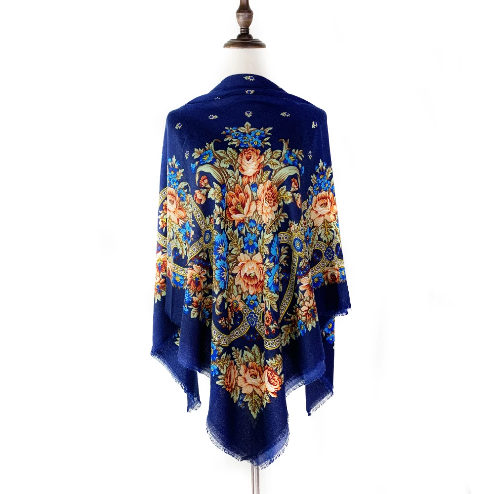 130*130cm Atmungsaktives Dünnes Russisches Nationaltuch Damen Luxus Blumendruck Ethnischer Schal Bandana Foulard Femme Strandtuch Image