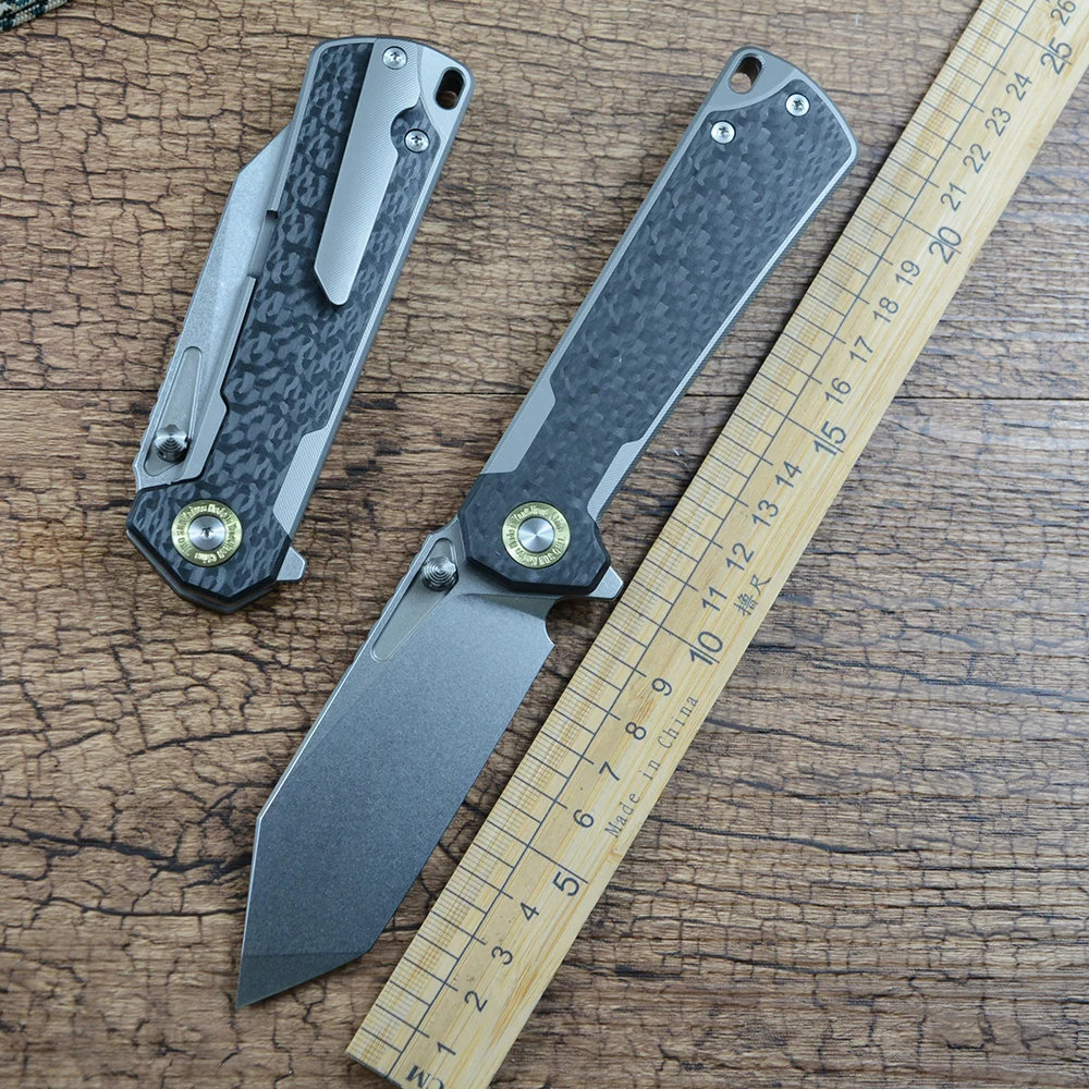 TWOSUN Outdoor-Messer K110 Stonewashed Klinge TC4 Titan-Kohlefaser-Griff Flipper Schnellöffnungs-Taschenmesser TS524 Image