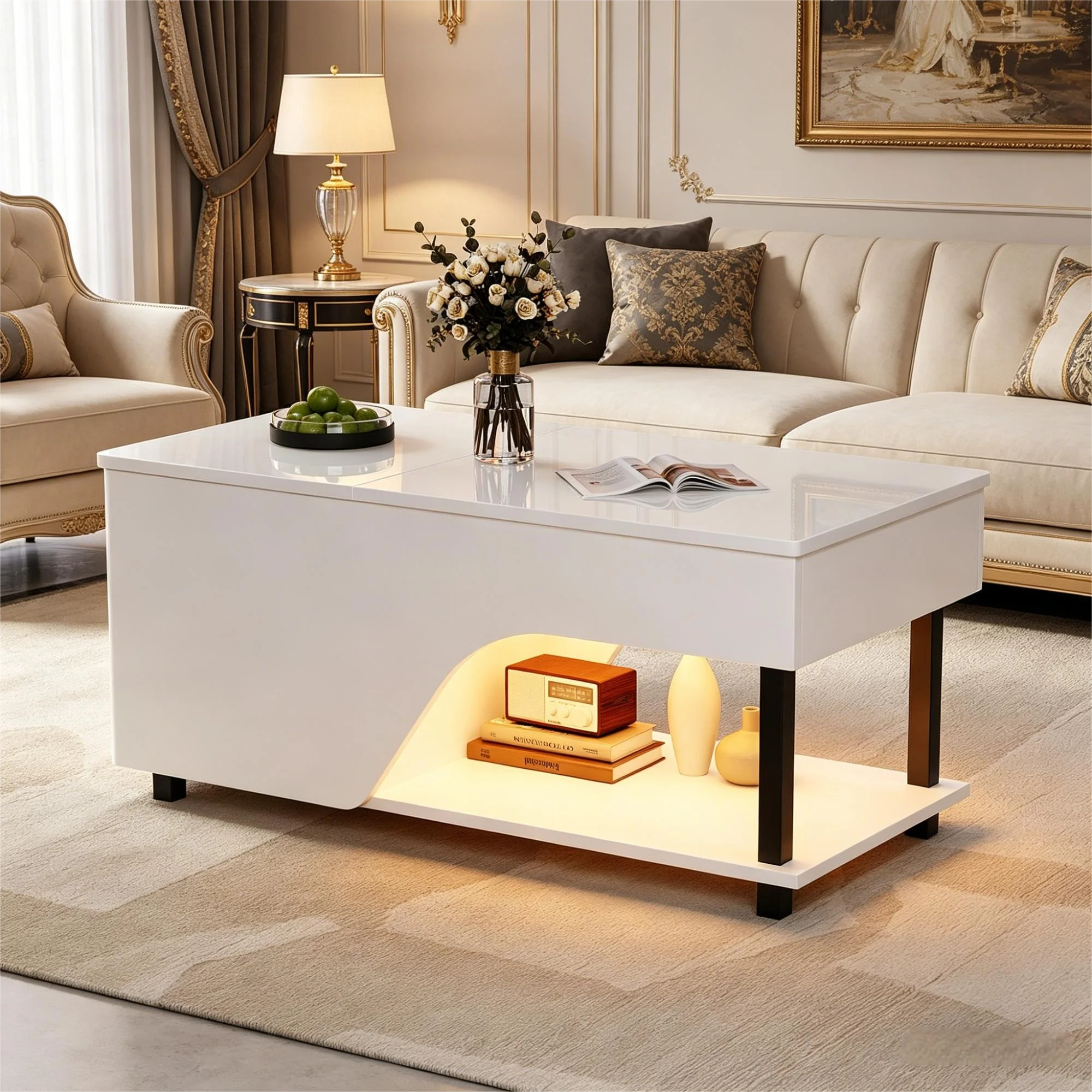 Höhenverstellbarer 3-in-1-Couchtisch in Weiß, 50x100x46cm, mit verstecktem Stauraum und LED-beleuchteter Glanz-Seitenablage – Offener Design-Beistelltisch für das Wohnzimmer Image