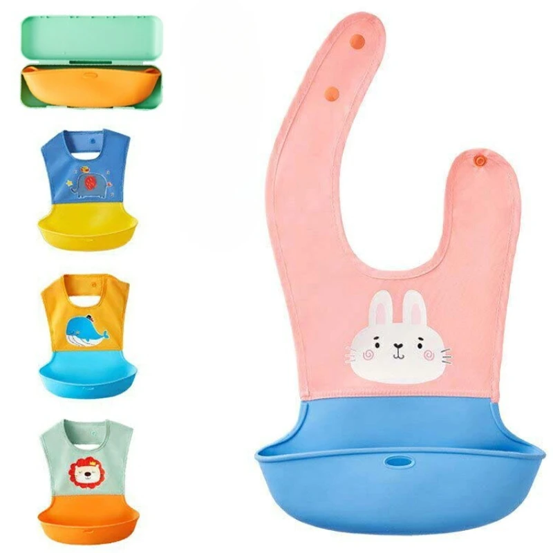 Niedliches, schmutzabweisendes Baby-Lätzchen, Kleinkind-Baby-Schürze, Lätzchen mit Tasche, Cartoon-Lätzchen für Kleinkinder, zum Zahnen, für Mädchen und Jungen, wasserdicht, waschbar Image