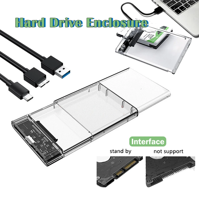 USB3.0/Type-C zu SATA HDD-Gehäuse 2,5 Zoll HDD SSD Externes Festplattengehäuse Transparentes Tragbares Speichergehäuse für Laptop PC HHD-Gehäuse Image