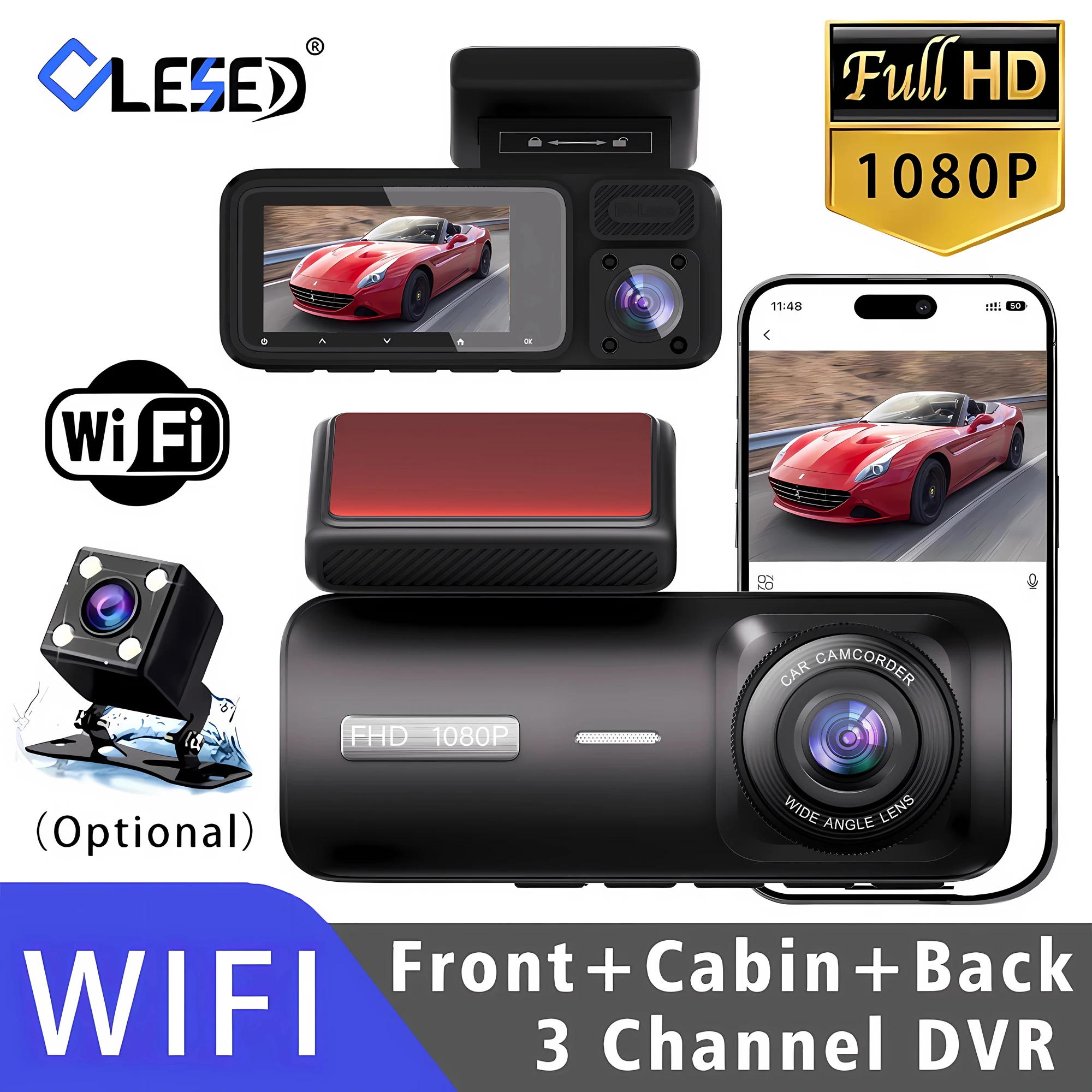 3-Kanal WLAN Auto-DVR Dreifach-Dashcam Innenraum-Fahrzeugkamera DVRs Rekorder FHD 1080P Video Mini-Registrator Dashcam Camcorder Image