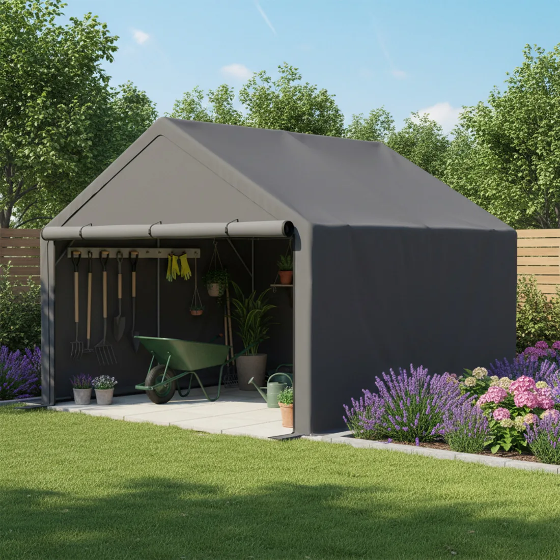 Abri de jardin pour vélos gris foncé 305x296x233cm – Solution de rangement complète pour vélos, outils et équipements de jardin – Housse résistante à l'eau et aux UV – Garage portable pour jardin,