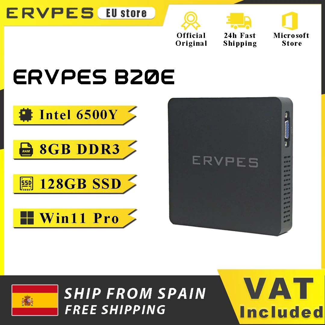ERVPES Mini-PC B20E Intel 6500Y Windows 11 DDR3 8GB RAM 128GB SSD HDMI VGA WIFI5 BT 5.0 USB Kompakter Desktop-Computer