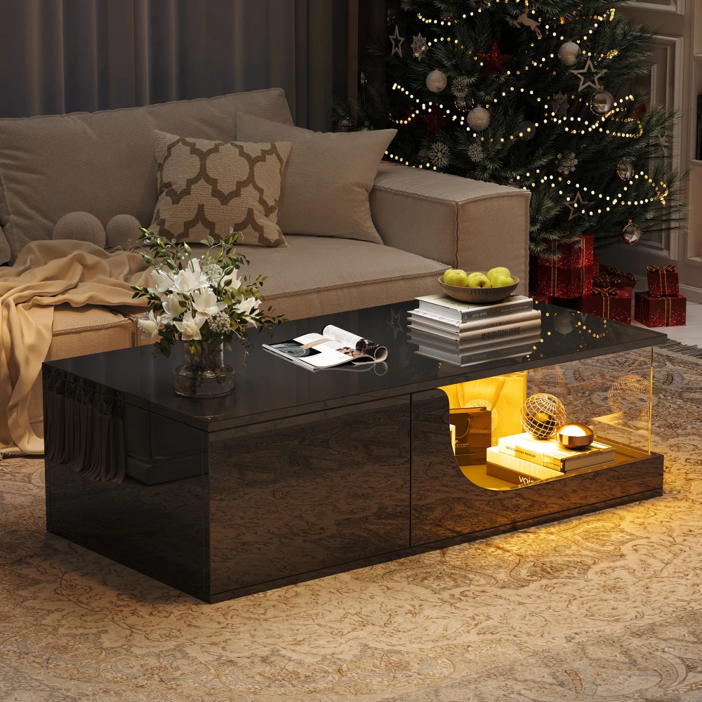 100*50*30cm Couchtisch, Sofatisch mit 2 Schubladen, Hochglanz-Wohnzimmer-Beistelltisch, MDF-Wohnzimmertisch, Kaffeetisch mit LED, Tragbarer Tisch aus gehärtetem Glas, schwarzer Designertisch Image