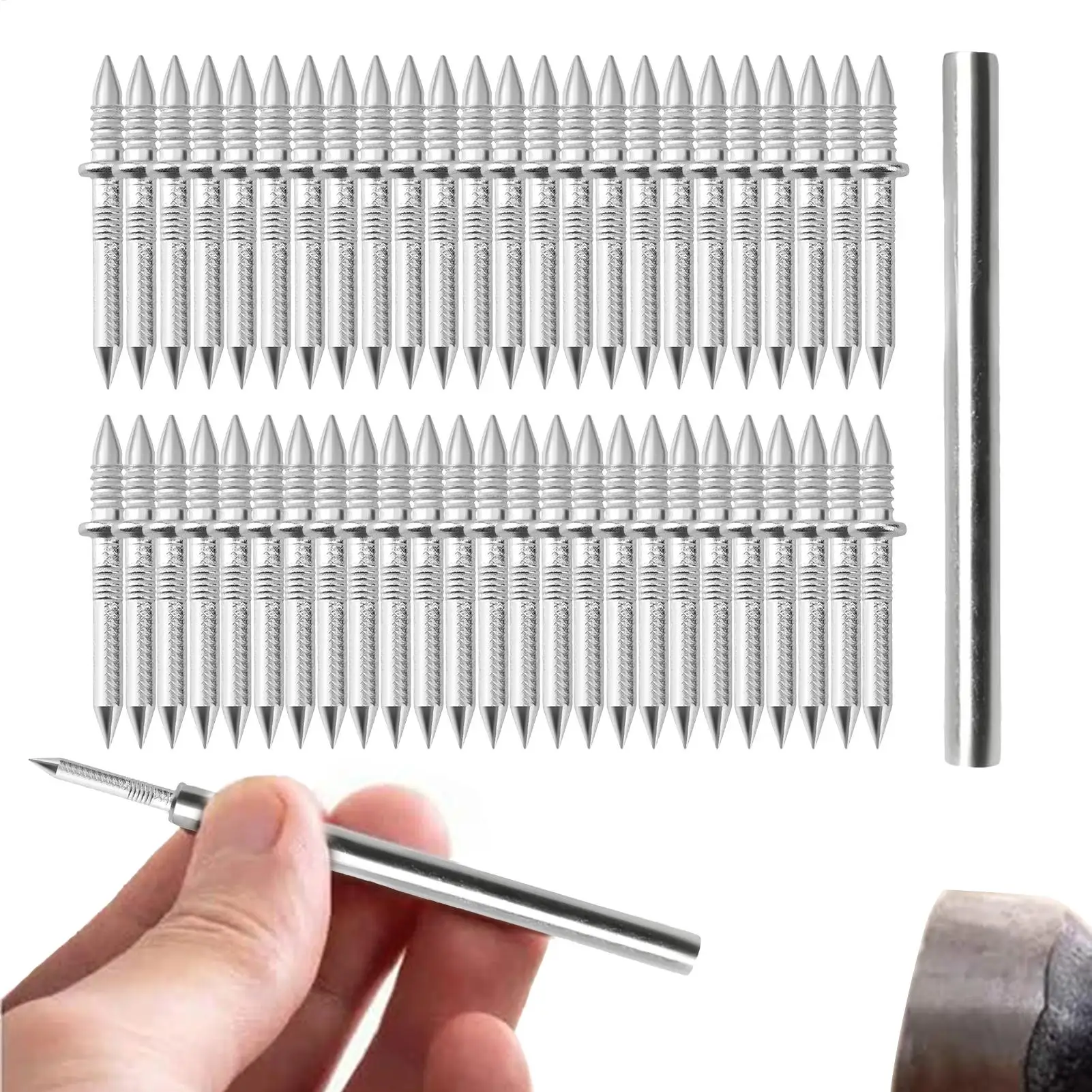 100 Stück Doppelkopf-Nagelset für Fußleisten mit 1 Hülse, rostfreie Holznägel, spurloser Fixierer, nahtloser Nagel mit Hülse und Werkzeug Image