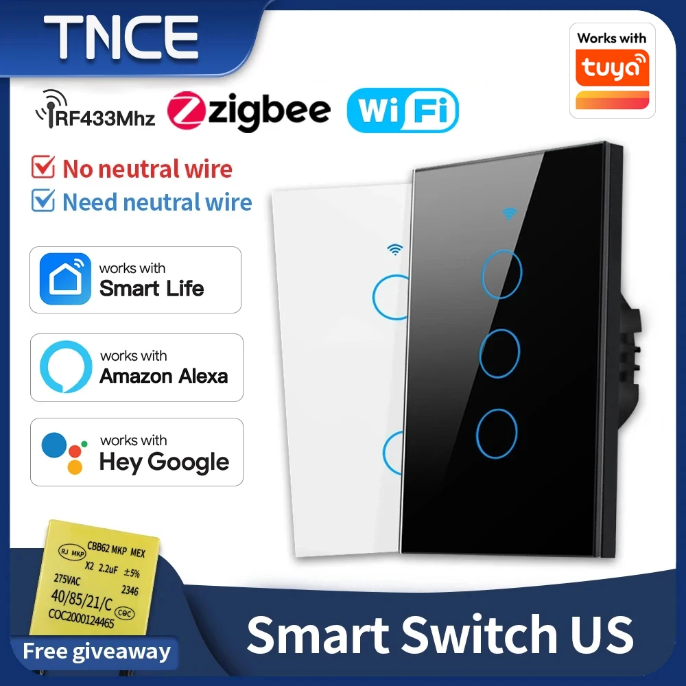 TNCE Tuya US Switch WiFi ZigBee, 1/2/3/4 Gang, kein Neutral/Draht, LED-Lichtsteuerung, Wandtaste, intelligente Stimme mit Alexa Google Home Image