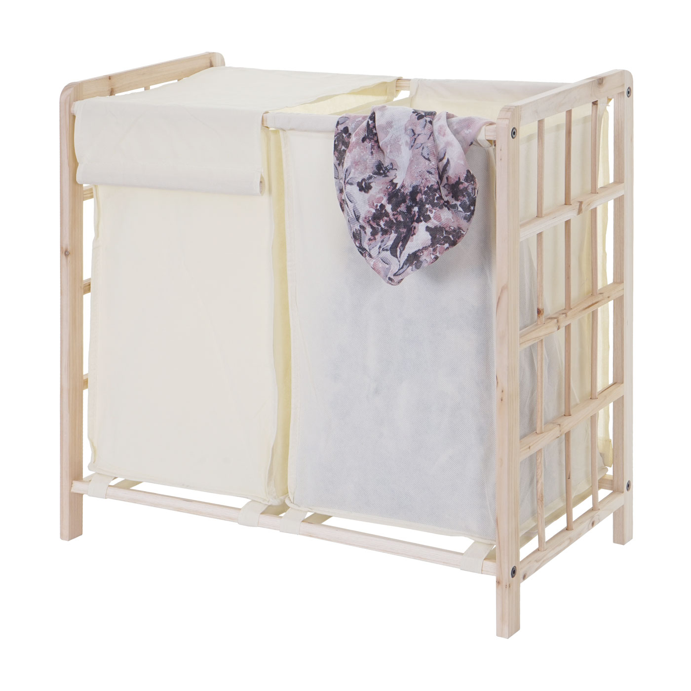 Wäschesammler HWC-B60, Laundry Wäschebox Wäschekorb, Massiv-Holz 2 Fächer 60x60x33cm 68l ~ hellbraun, Bezug creme Image