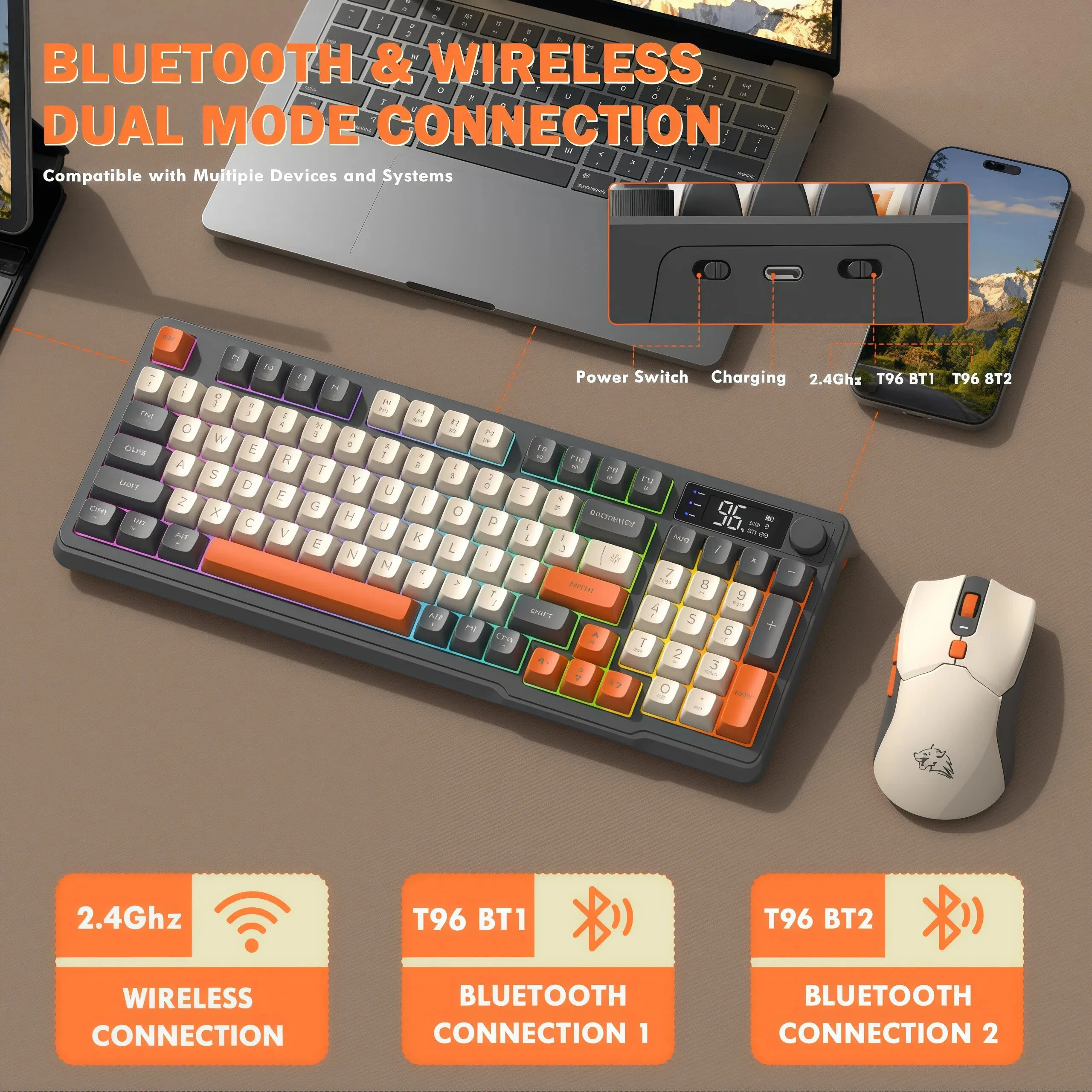 T96 Kabelloses Tastatur-Maus-Set, 96-Tasten PBT RGB Tastatur-Maus-Kit, Dual-Mode Bluetooth 2.4G Maus-Tastatur-Set, Lange Akkulaufzeit Image