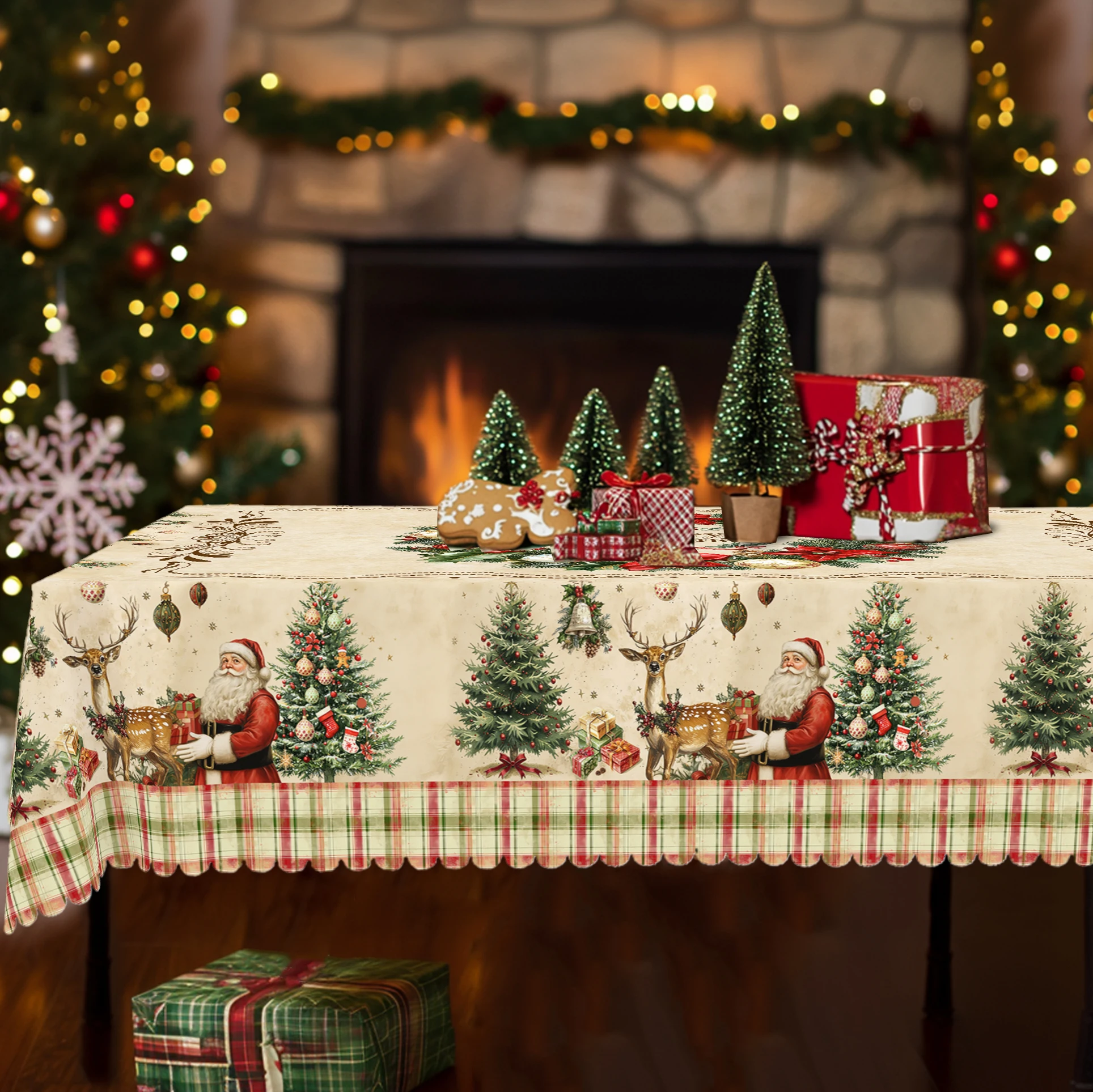 1-teilige runde und rechteckige Weihnachtstischdecke, dekorative Tischdecke mit Weihnachtsmann, Weihnachtsbaum, Rentier, Stechpalmenblättern und Weihnachtssiegel, Vintage-Weihnachtsszene, Atmosphäre, Image