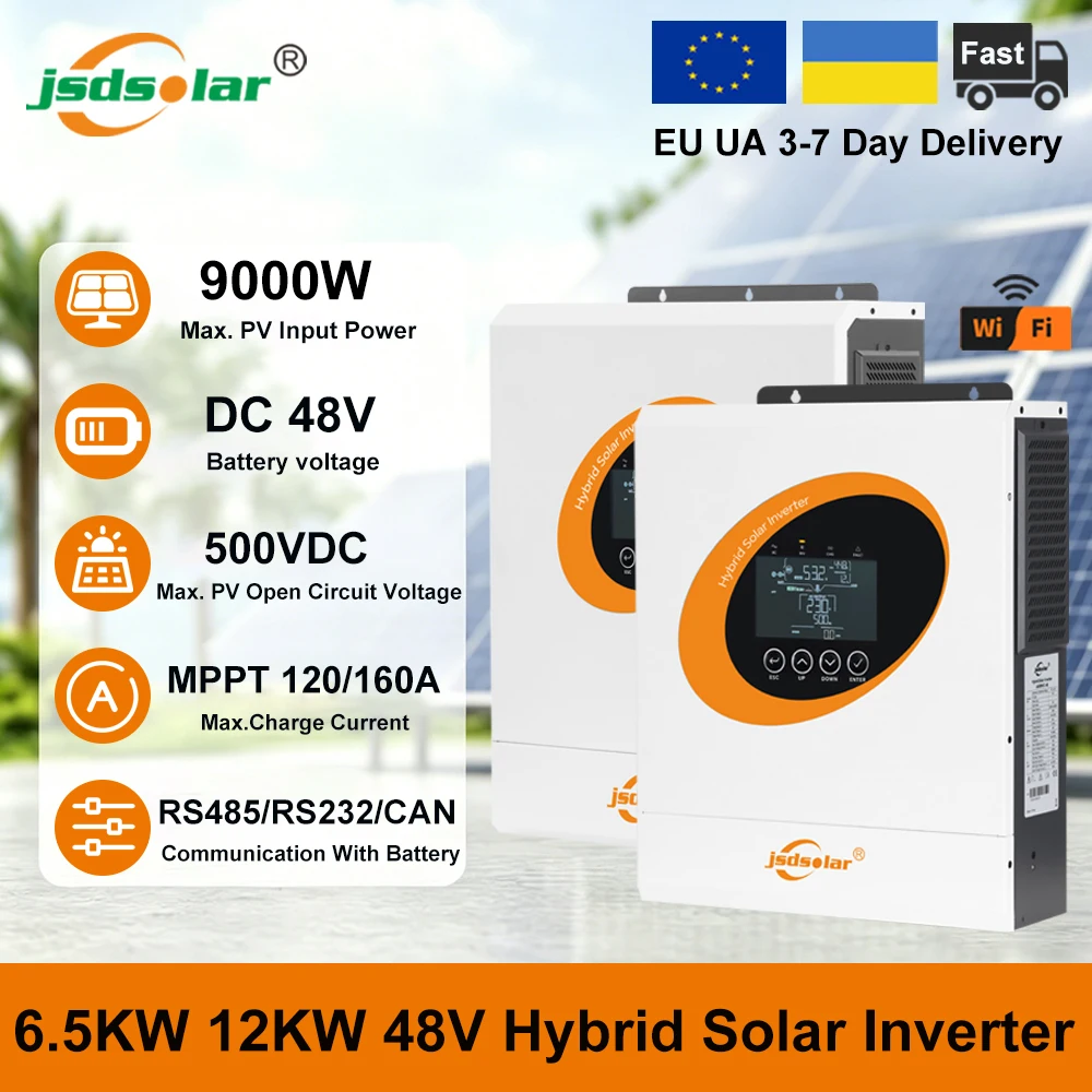 Jsdsolar Onduleur Solaire Hybride 12KW 6.5KW 48V 230VAC à Onde Sinusoïdale Pure, Onduleur PV 120A 160A avec Chargeur Solaire MPPT, Double Sortie AC, WiFi, RS232, RS485, CAN, Onduleur Silencieux pour
