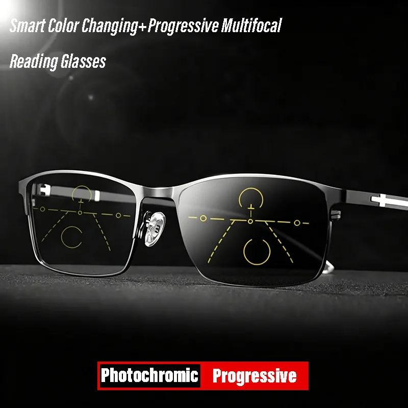 Photochrome progressive multifokale Lesebrille für Herren, Anti-Blaulicht-Brille, Komfort, flexible Bügel, Hyperopie- und Presbyopie-Brille Image