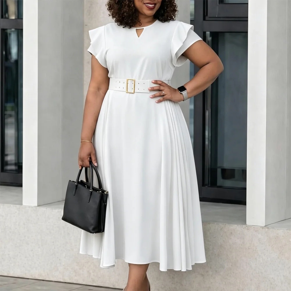 Elegant Dresses for Women New Style 2026 O Neck Ruffles Sleeve Belt Decorate High Waisted Pleated Mid Calf Birthday Party Dress