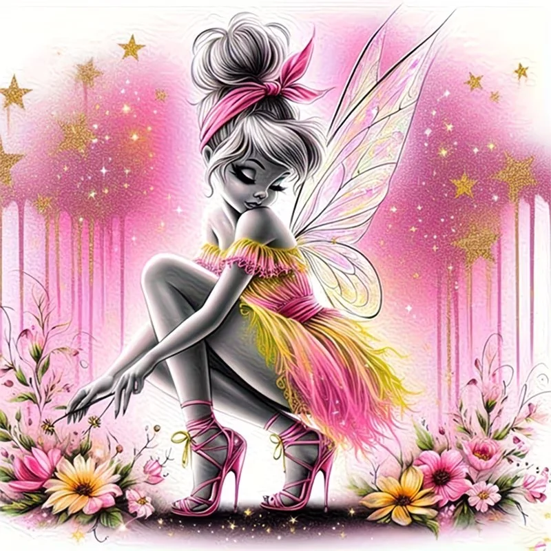 Rosa und Gelbe Tinkerbell-Fee mit Blumen 5D Diamant-Malerei-Set Märchenhafte Prinzessin Wandkunst-Dekoration Image