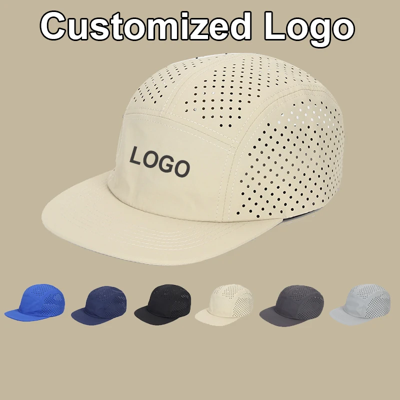 Benutzerdefiniertes Logo, schnell trocknende 5-Panel-Baseballkappe, lasergestanzte Nylon-Skateboardkappe, Sommervisier, große Hip-Hop-Campingkappe