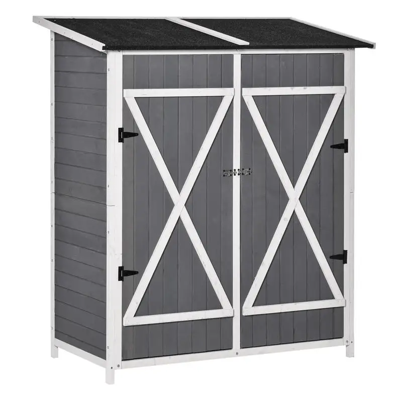 Armoire de jardin pour équipement avec 2 portes, abri de jardin avec toit en asphalte, armoire de rangement de jardin, design anti-basculement avec fixations au sol, en bois de pin, gris + blanc, 139