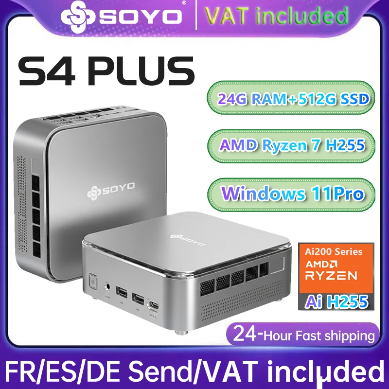 SOYO S4 PLUS MINI PC Ryzen 7 H255 LPDDR5 24GB SSD 512GB PCIe3.0 Nvme SSD WIFI6 BT5.2 8K HD Mini PC Ordinateur de jeu DIY