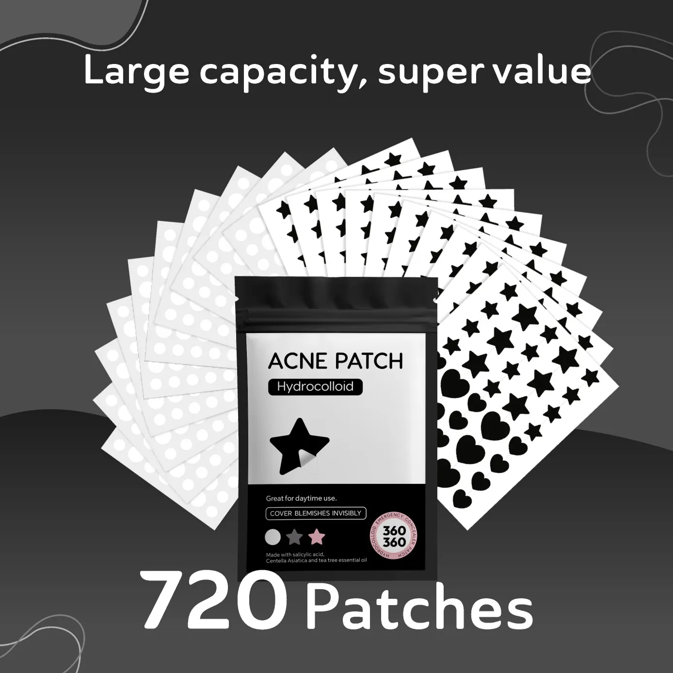Gemischte Formen Akne-Patches Weiß Rund & Schwarz Stern Herz, Vorteilspack Makel-Abdeckpflaster Make-up-Patches Image