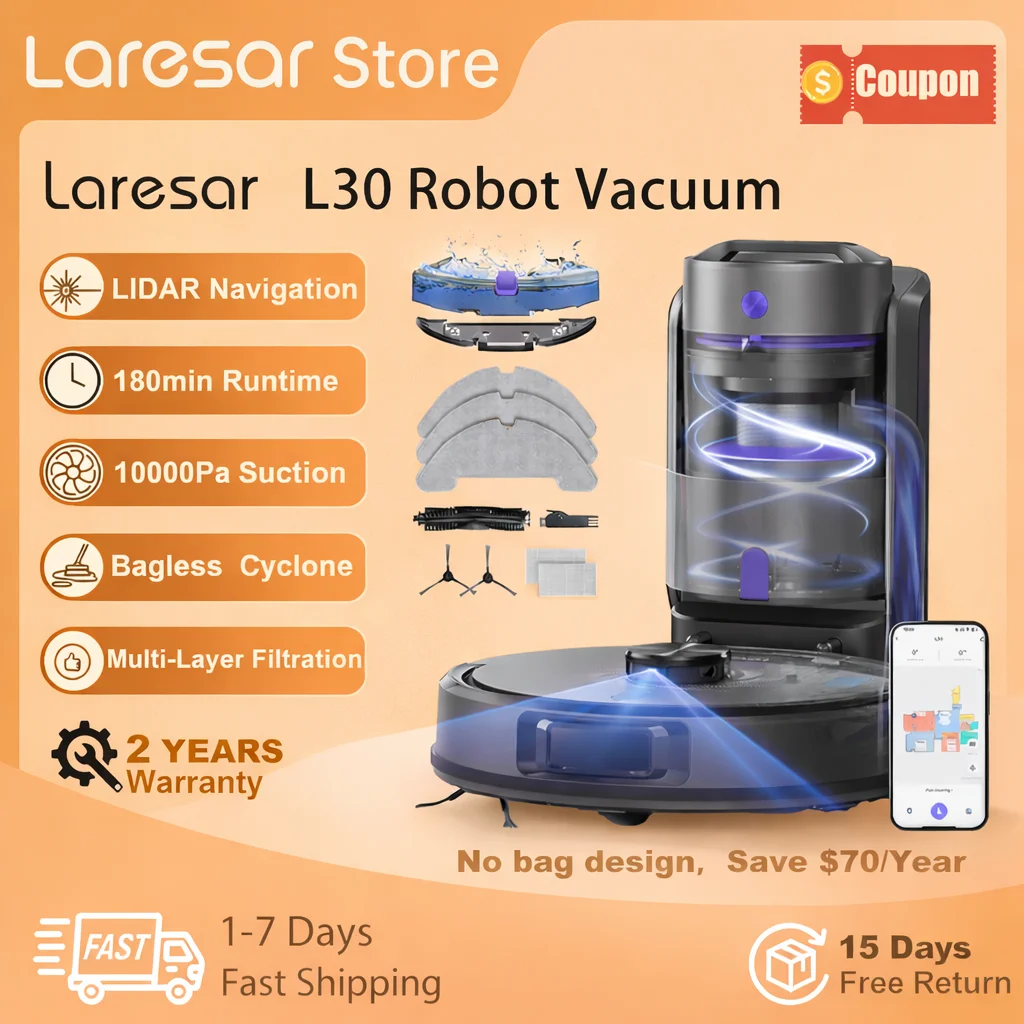Laresar 4-in-1 Roboter-Staubsauger und Wischmopp Fortschrittliche LiDAR-Navigation Beutellos Zyklonisch 10000Pa Starke Saugkraft 180 Min. Laufzeit Ideal Image
